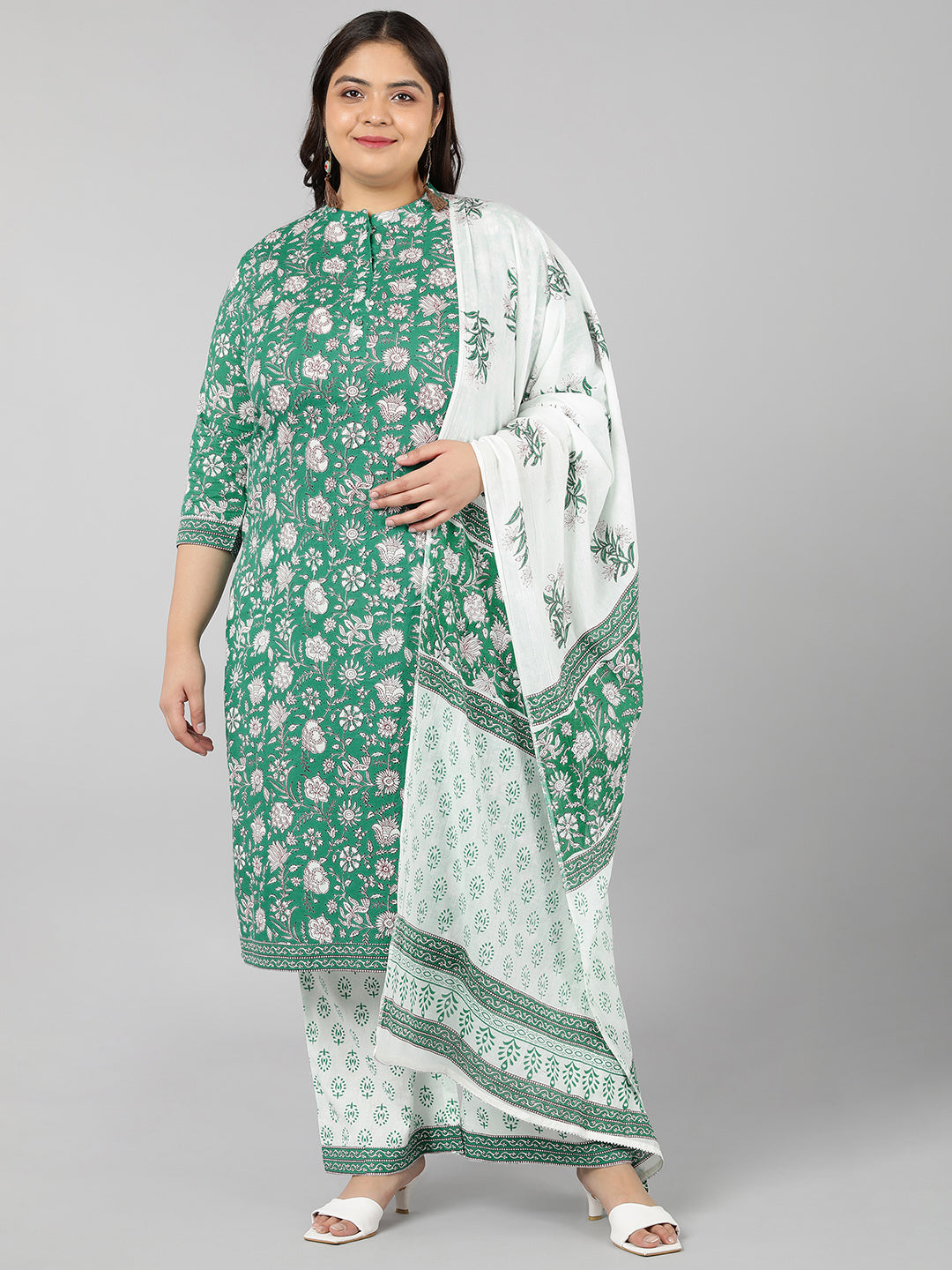 Cotton Floral Print Straight Kurta Set (Green)