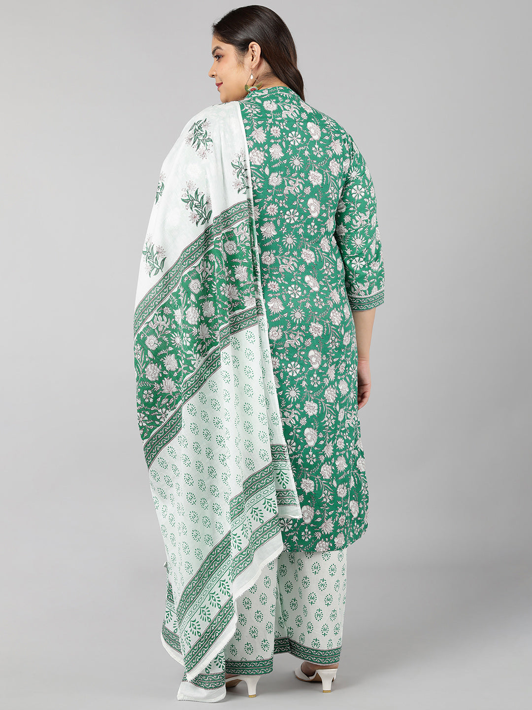 Cotton Floral Print Straight Kurta Set (Green)