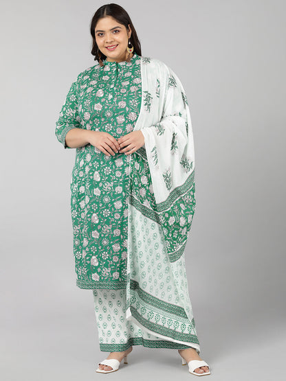 Cotton Floral Print Straight Kurta Set (Green)