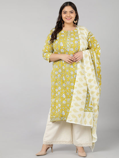 Cotton Floral Print Straight Kurta Set (Yellow)