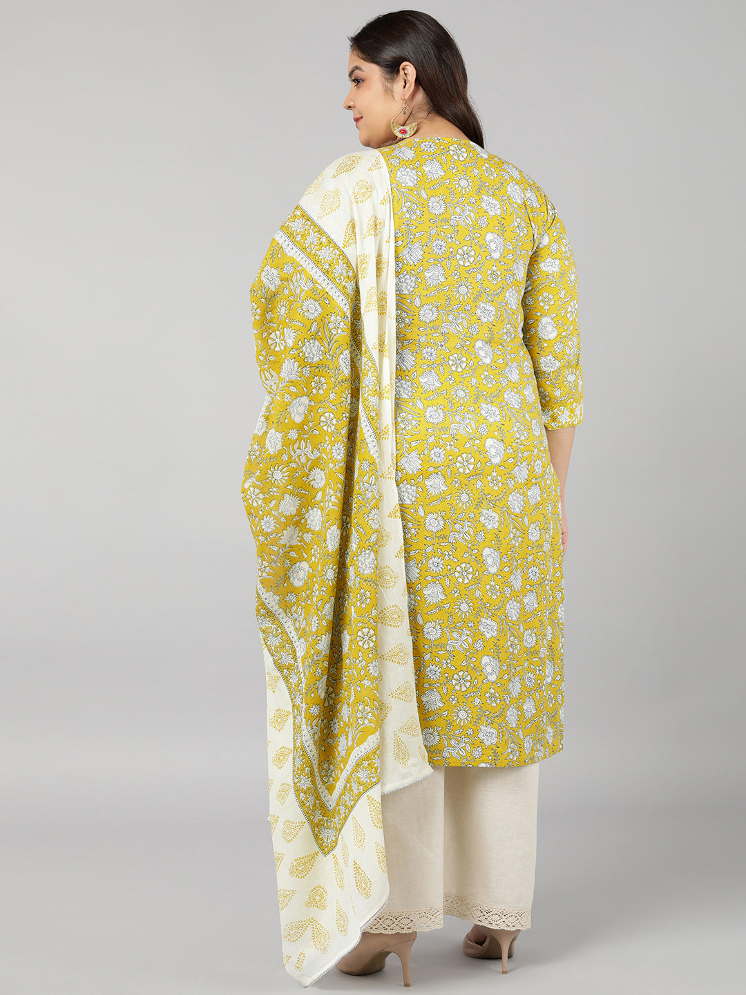Cotton Floral Print Straight Kurta Set (Yellow)