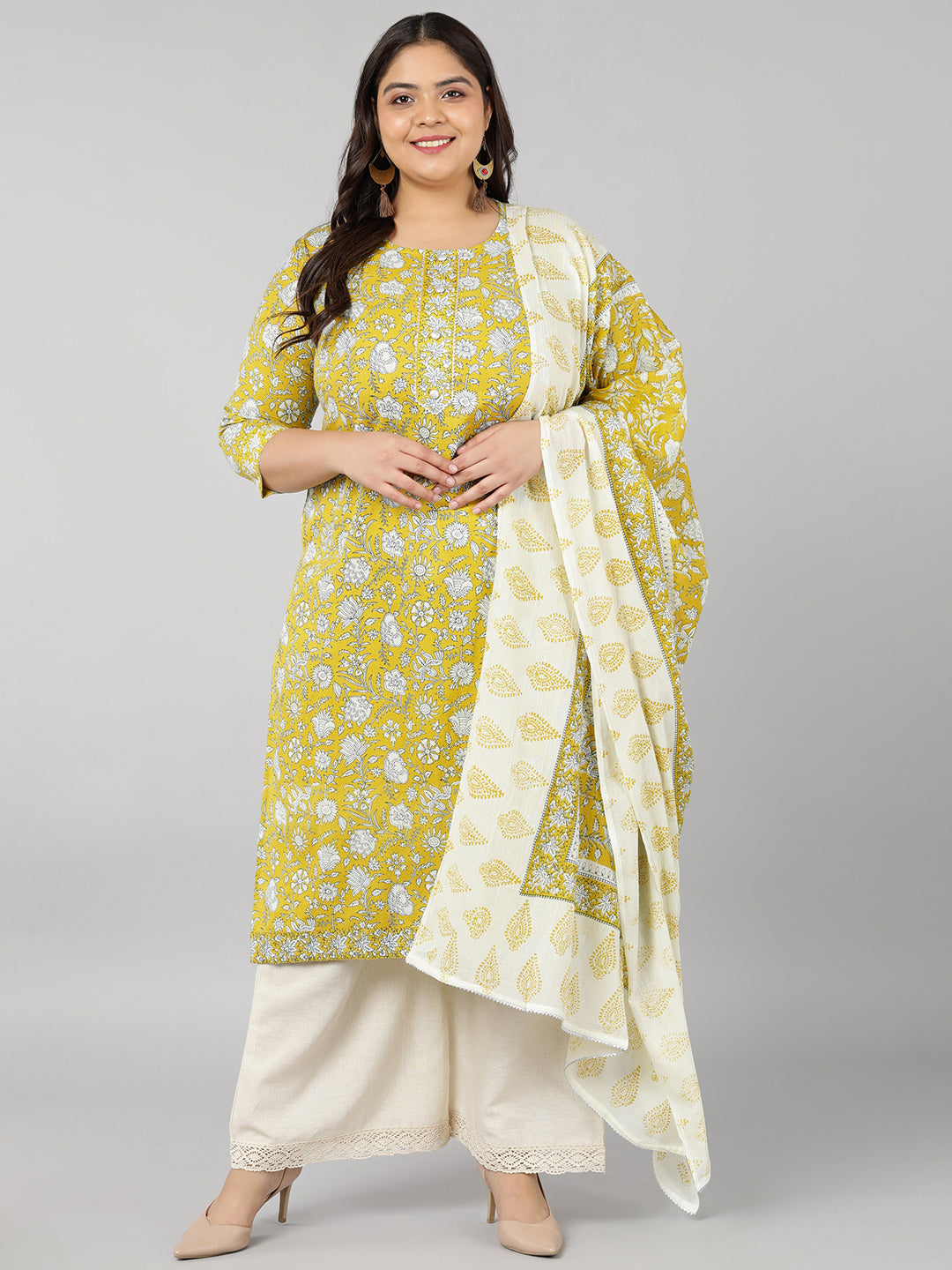 Cotton Floral Print Straight Kurta Set (Yellow)