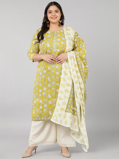 Cotton Floral Print Straight Kurta Set (Yellow)