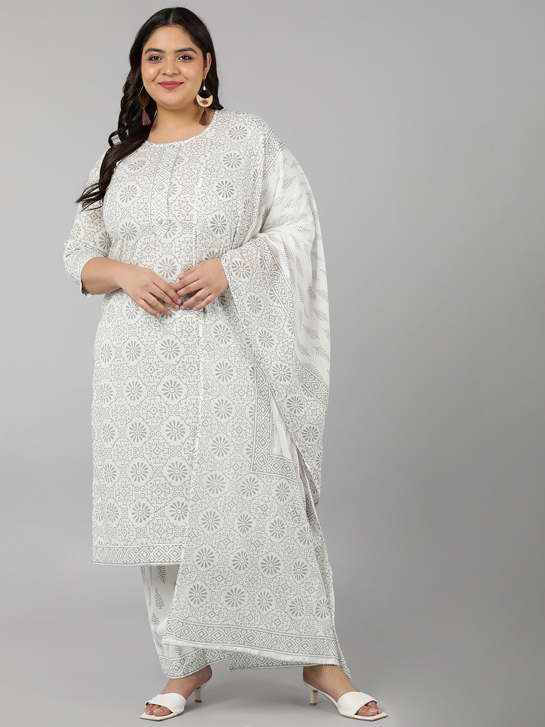 Cotton Printed Straight Kurta Set (White)