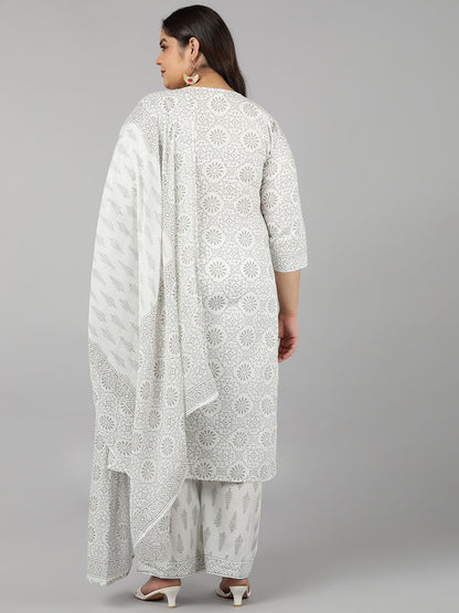 Cotton Printed Straight Kurta Set (White)