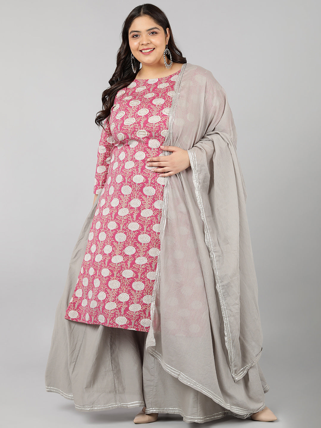 Cotton Printed Regular Kurta Set (Grey & Pink)