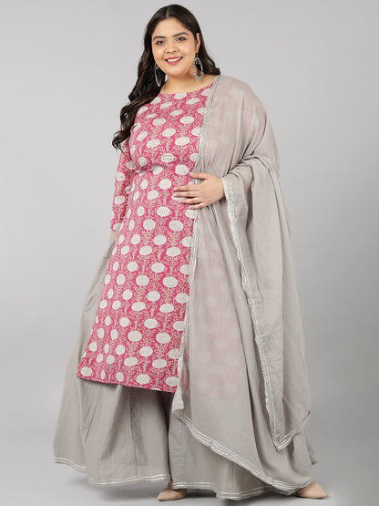 Cotton Printed Regular Kurta Set (Grey & Pink)