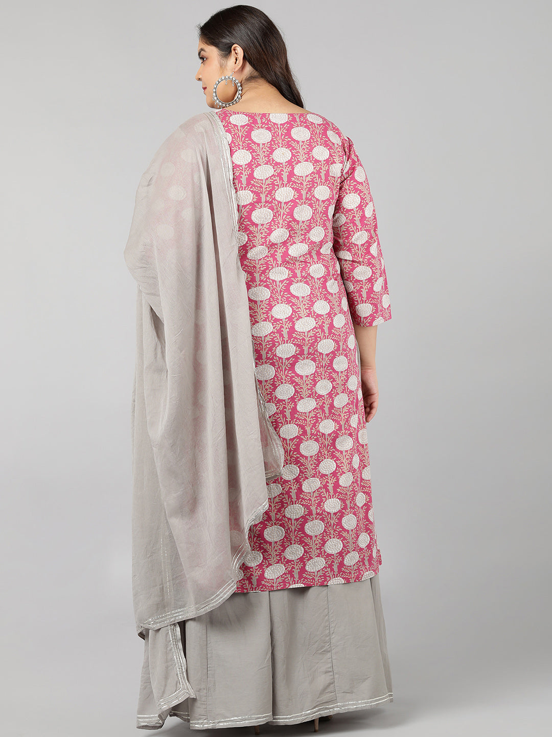Cotton Printed Regular Kurta Set (Grey & Pink)