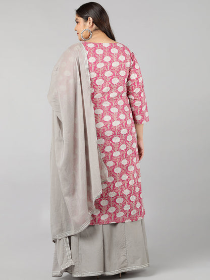 Cotton Printed Regular Kurta Set (Grey & Pink)