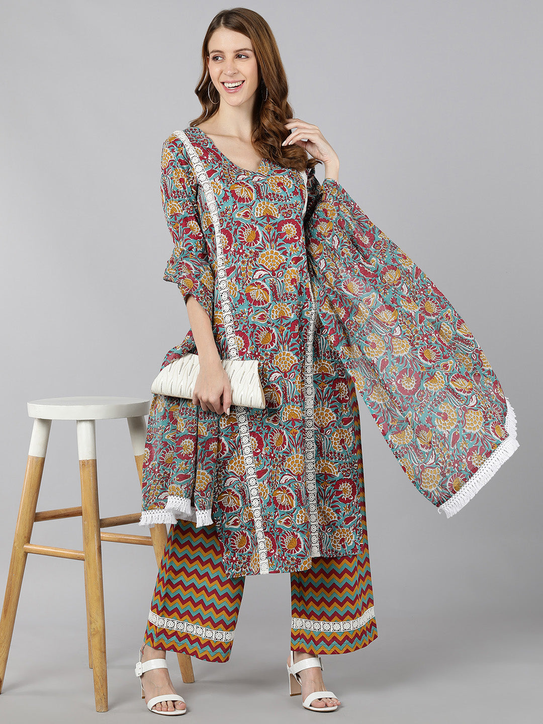 Rayon Printed Straight Ethnic Set (Multicolour)