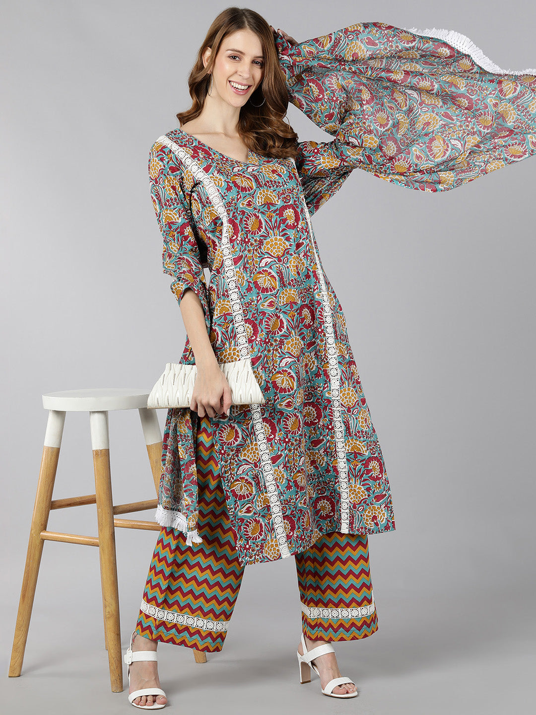 Rayon Printed Straight Ethnic Set (Multicolour)