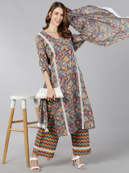 Rayon Printed Straight Ethnic Set (Multicolour)