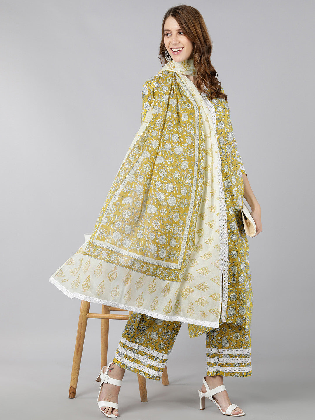 Cotton Printed Straight Ethnic Set (Yellow)