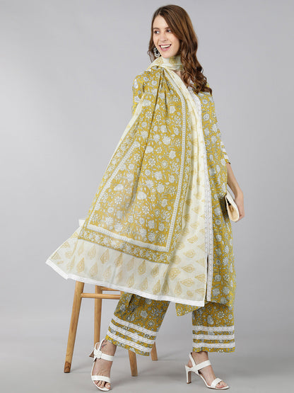 Cotton Printed Straight Ethnic Set (Yellow)