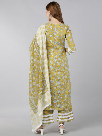 Cotton Printed Straight Ethnic Set (Yellow)