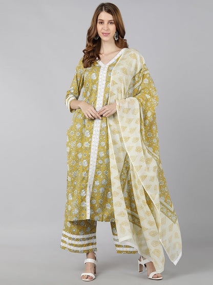 Cotton Printed Straight Ethnic Set (Yellow)