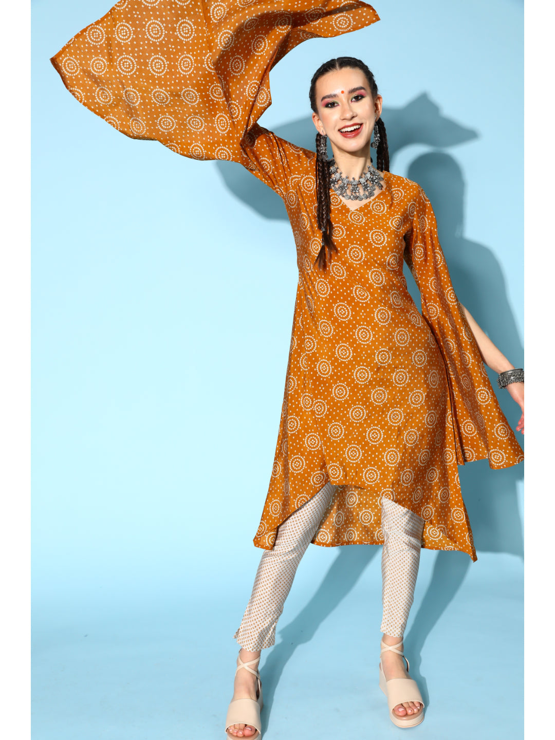 Modal Silk Printed Asymmetric Kurta Set (Brown)