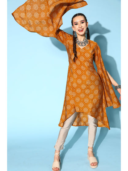 Modal Silk Printed Asymmetric Kurta Set (Brown)