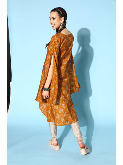 Modal Silk Printed Asymmetric Kurta Set (Brown)