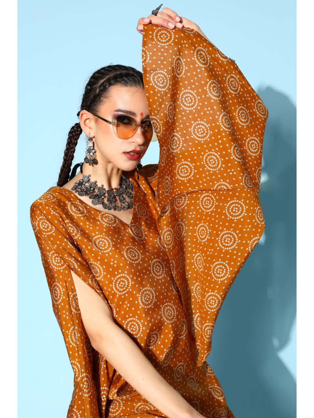 Modal Silk Printed Asymmetric Kurta Set (Brown)