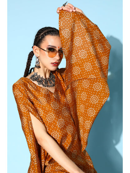 Modal Silk Printed Asymmetric Kurta Set (Brown)