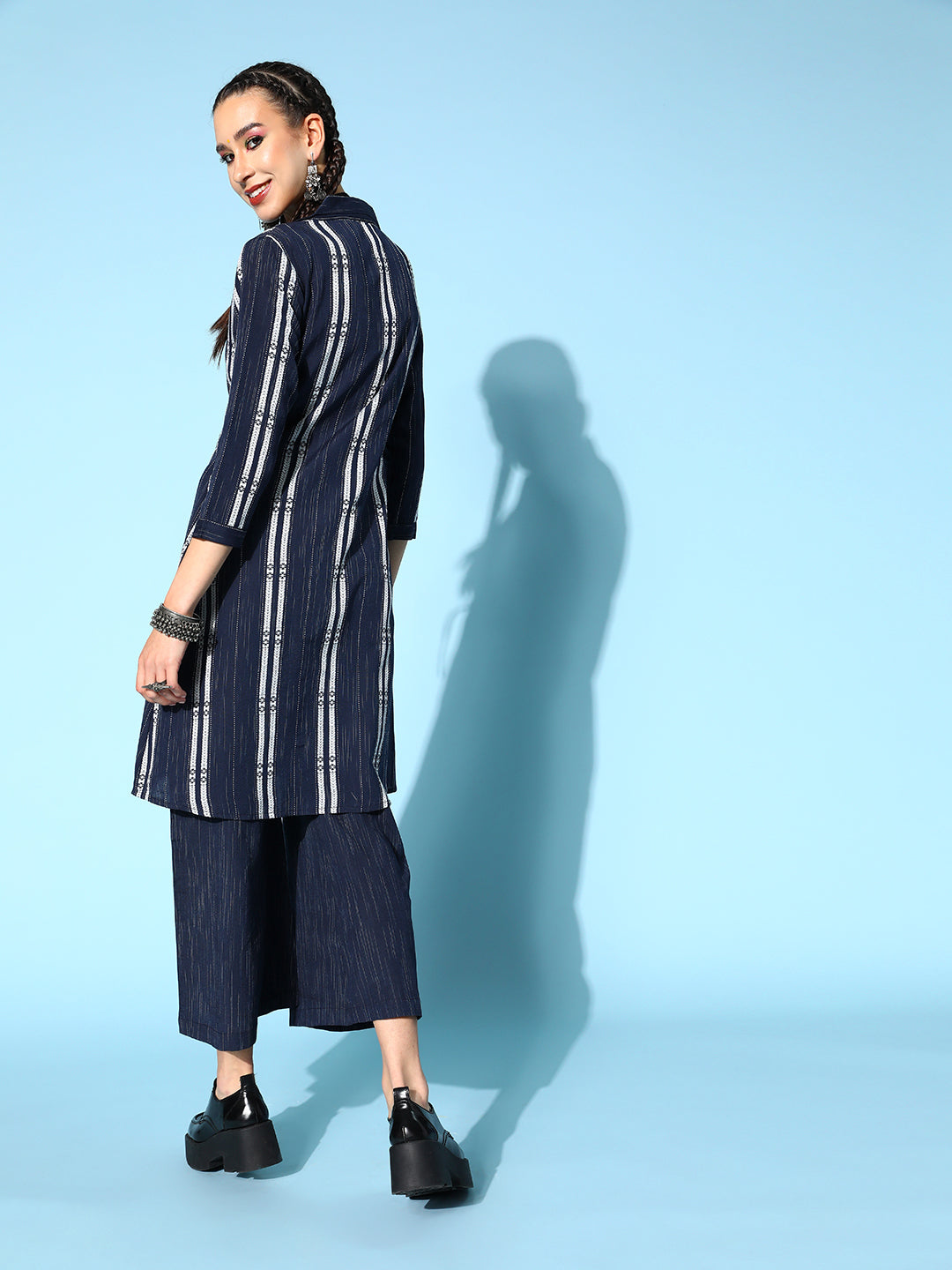 Poly Woven Stripe Regular Ethnic Set (Navy Blue)