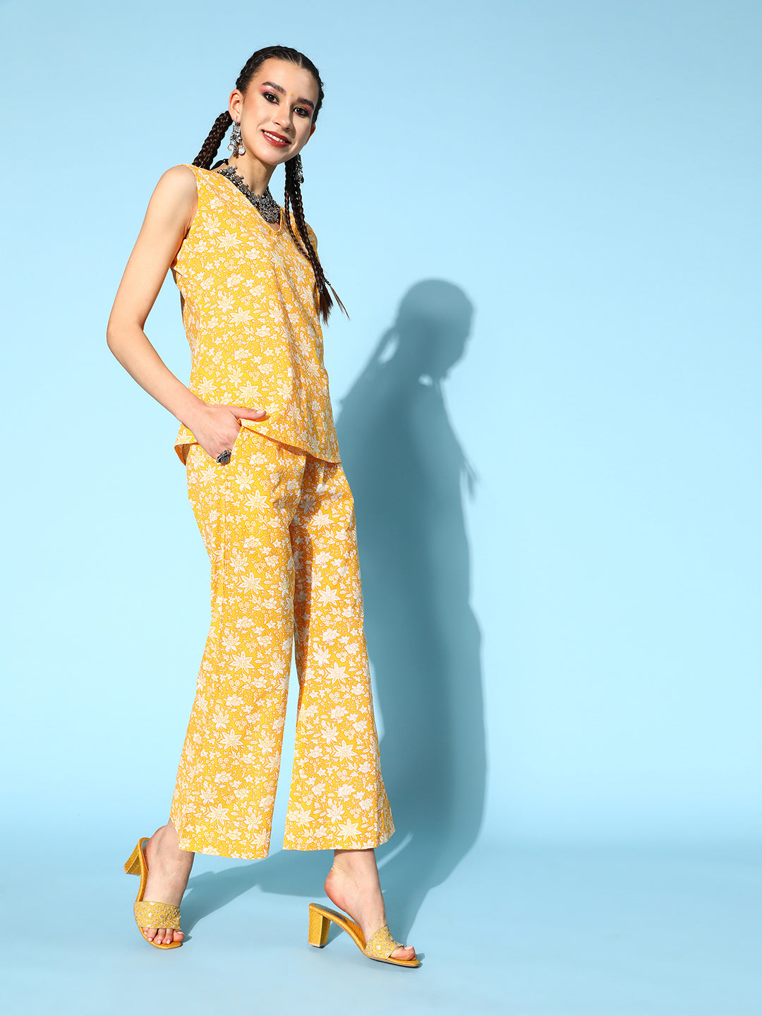 Cotton Floral Regular Ethnic Set (Yellow)