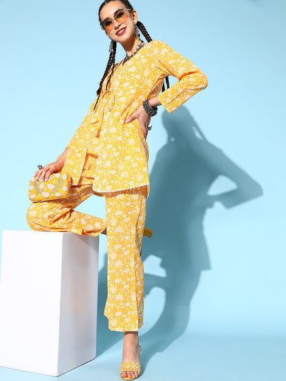 Cotton Floral Regular Ethnic Set (Yellow)