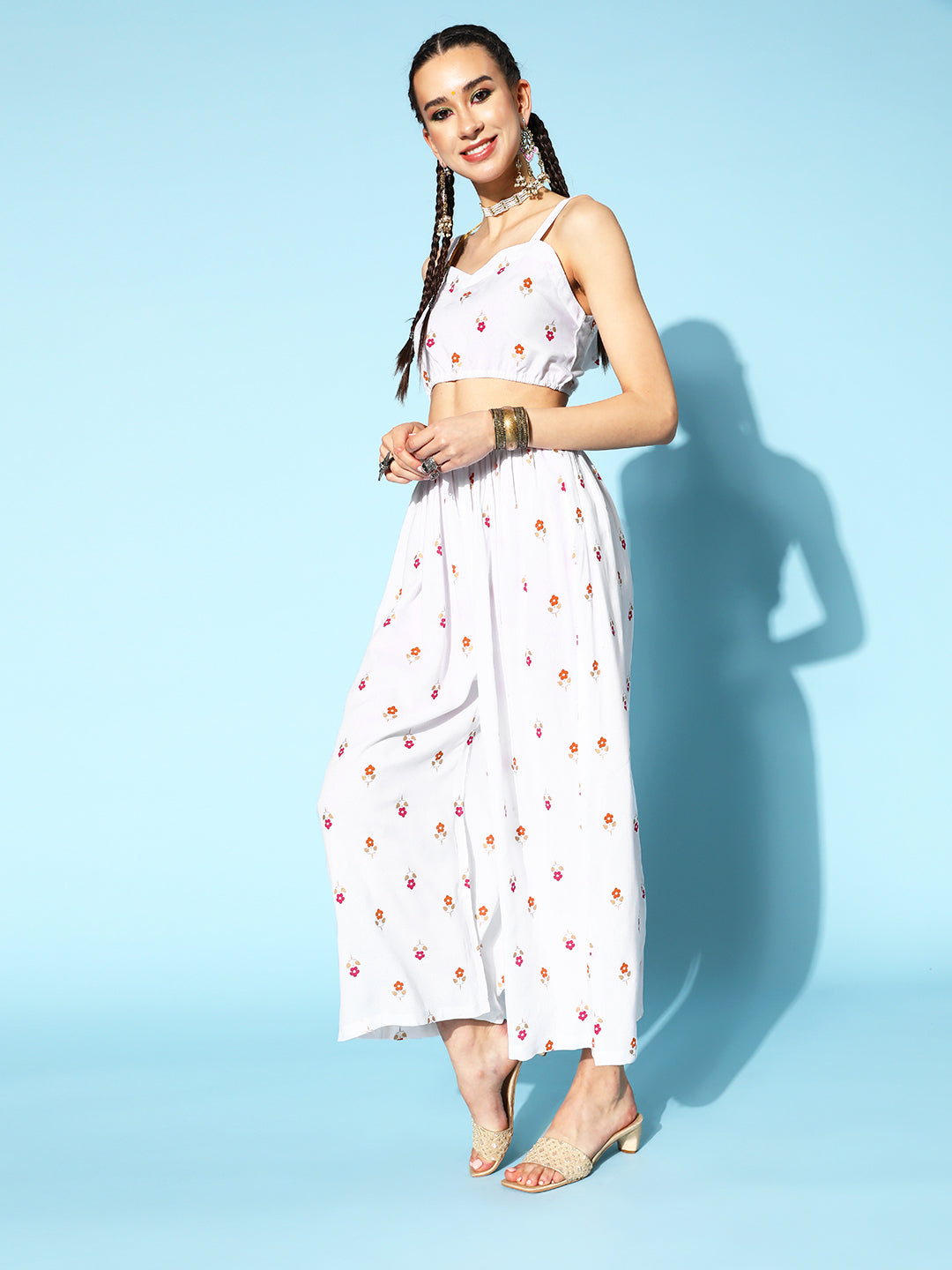 Rayon Floral Regular Ethnic Set (White)