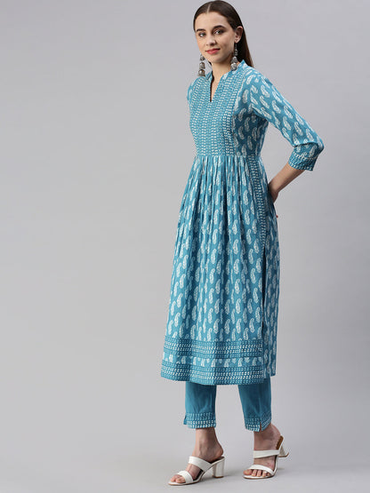Cotton Block Print Naira cut A-Line Kurta Set
