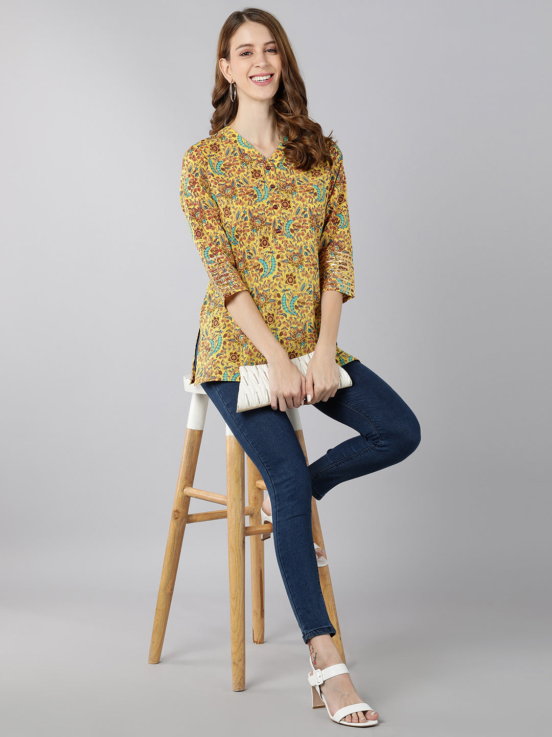 Cotton Floral Print Straight Top (Yellow)