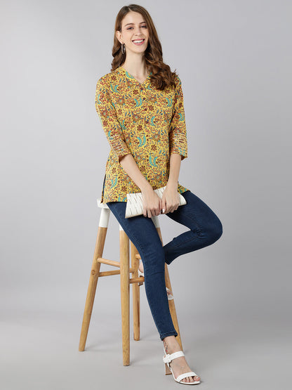 Cotton Floral Print Straight Top (Yellow)