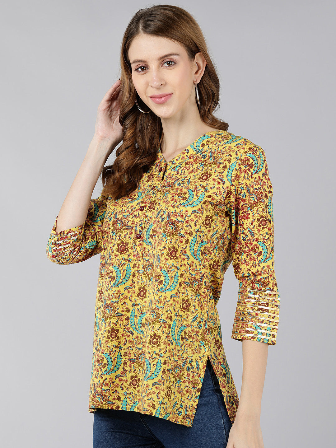 Cotton Floral Print Straight Top (Yellow)
