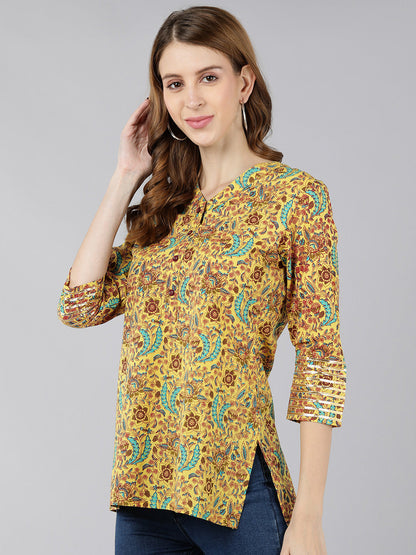 Cotton Floral Print Straight Top (Yellow)