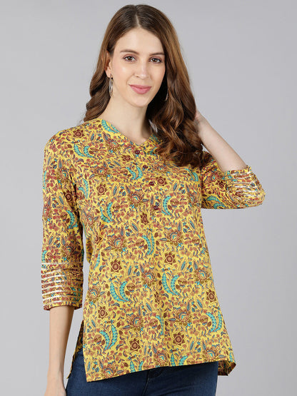 Cotton Floral Print Straight Top (Yellow)