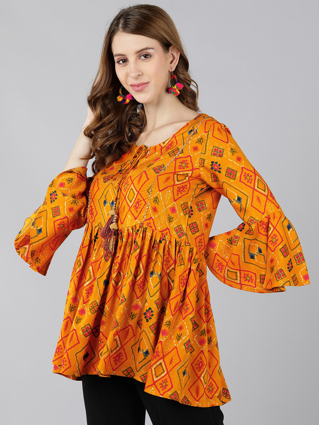 Rayon Printed Peplum Top (Mustard)