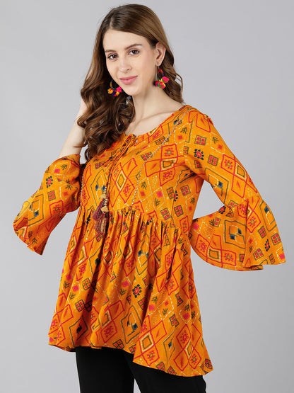 Rayon Printed Peplum Top (Mustard)