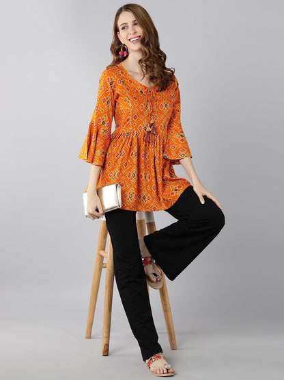 Rayon Printed Peplum Top (Orange)