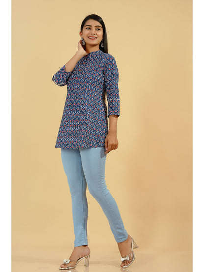 Cotton Geometric Print Regular Top (Blue)