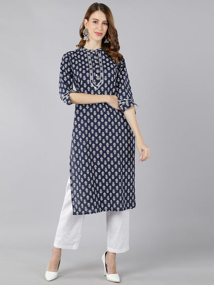 Cotton Block Print Straight Kurta (Navy Blue)