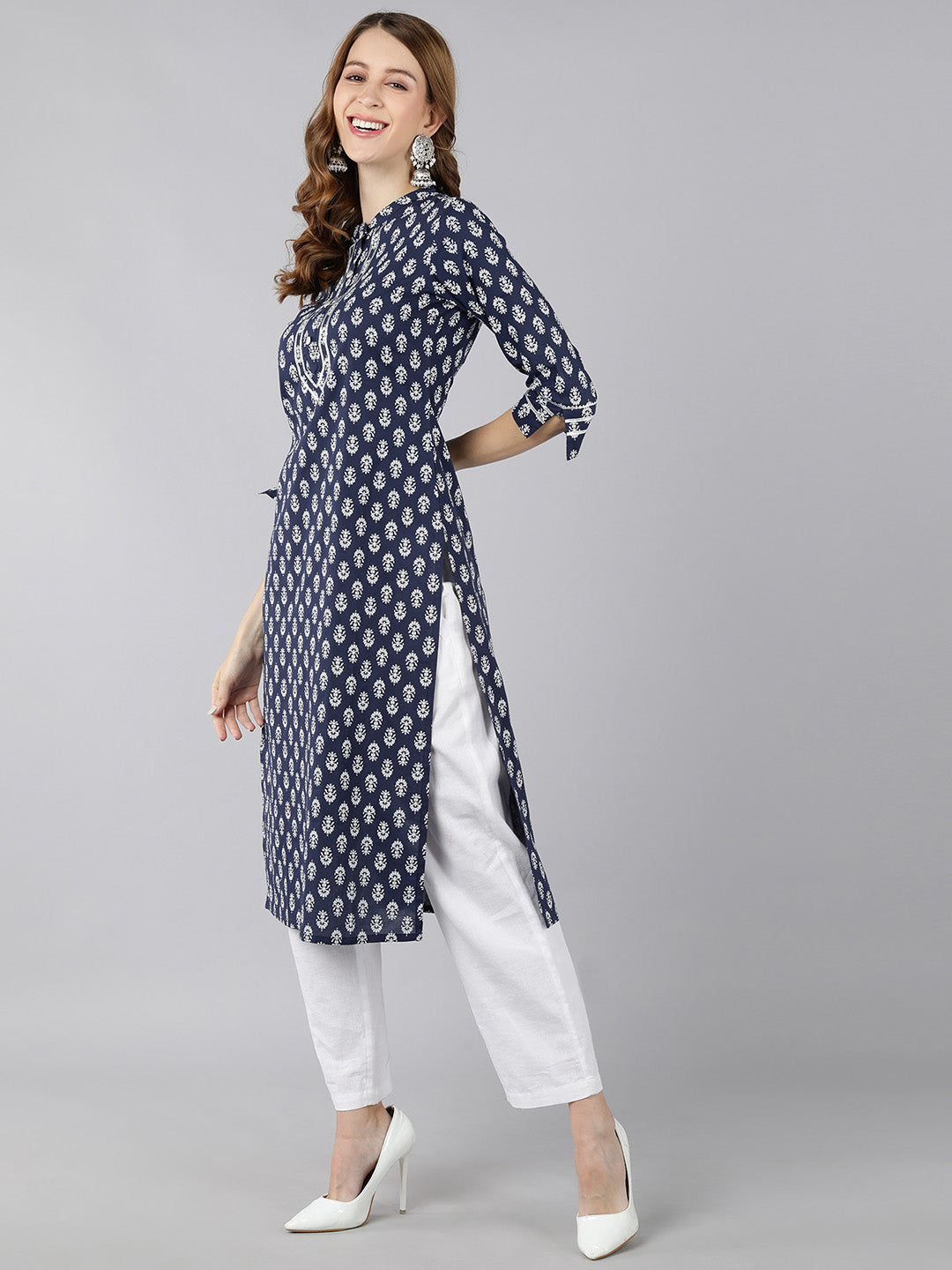 Cotton Block Print Straight Kurta (Navy Blue)