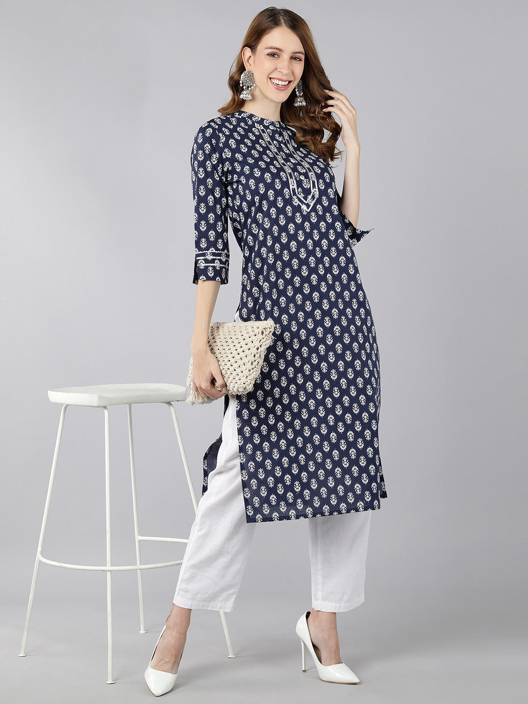 Cotton Block Print Straight Kurta (Navy Blue)