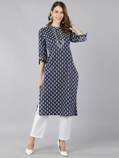 Cotton Block Print Straight Kurta (Navy Blue)