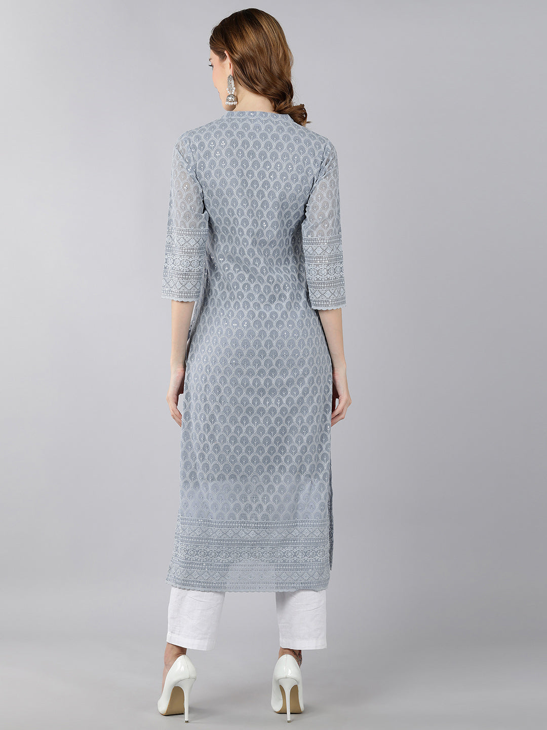 Georgette Solid Straight Kurta (Grey)
