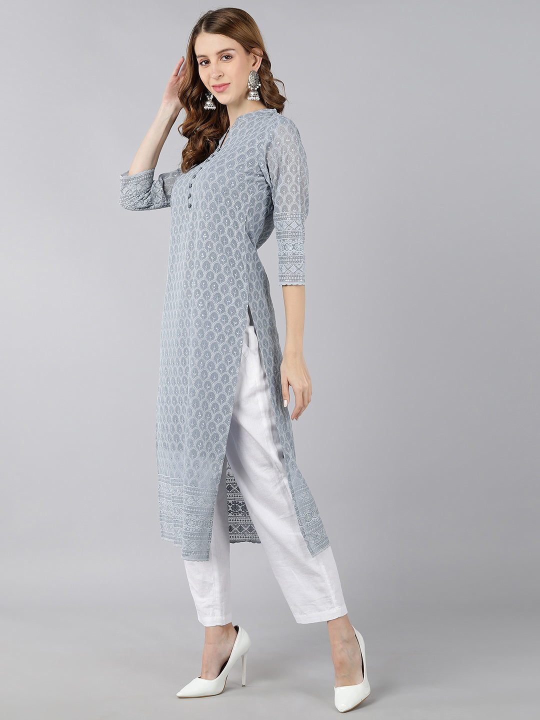 Georgette Solid Straight Kurta (Grey)