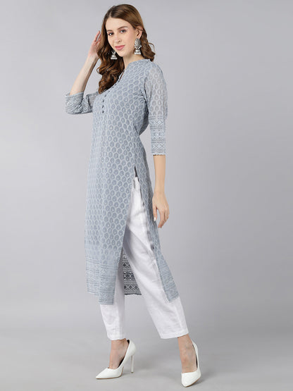 Georgette Solid Straight Kurta (Grey)