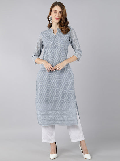Georgette Solid Straight Kurta (Grey)