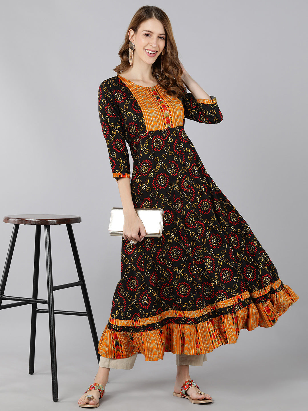 Rayon Bandhni Print Calf Length Kurta (Multicolour)