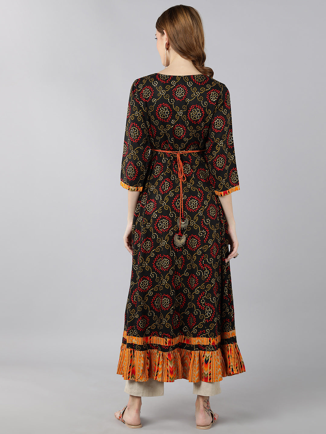 Rayon Bandhni Print Calf Length Kurta (Multicolour)