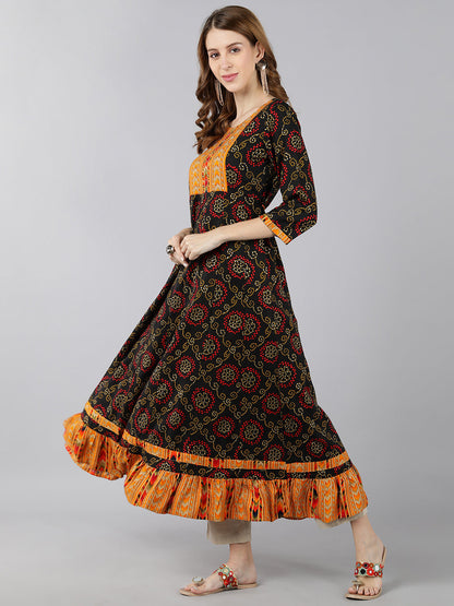 Rayon Bandhni Print Calf Length Kurta (Multicolour)